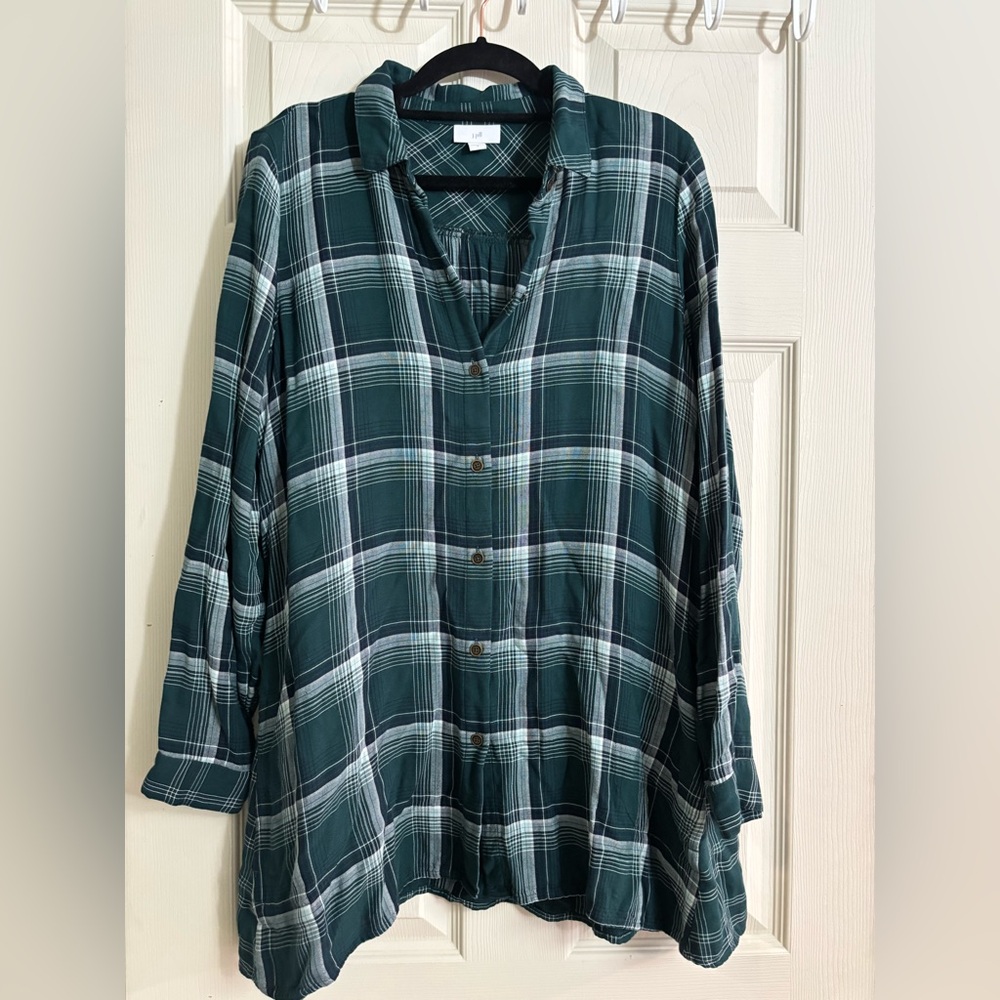 J. Jill Green and White Plaid Gingham Button-Front Fall Tunic Oversized Shirt